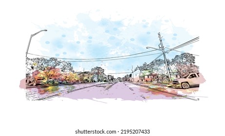 Building view with landmark of Ocala is a city in central Florida. Watercolor splash with hand drawn sketch illustration in vector.