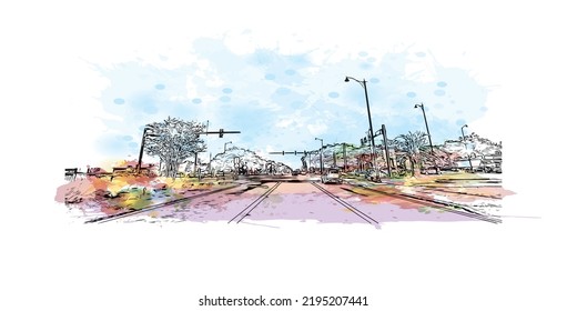 Building view with landmark of Ocala is a city in central Florida. Watercolor splash with hand drawn sketch illustration in vector.