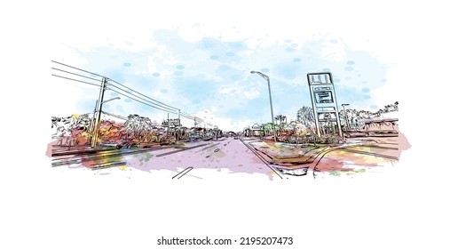 Building view with landmark of Ocala is a city in central Florida. Watercolor splash with hand drawn sketch illustration in vector.