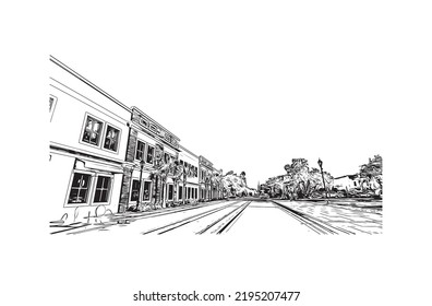 Der Blick auf das Gebäude mit Wahrzeichen von Ocala ist eine Stadt im Zentrum von Florida. Handgezeichnete Skizzengrafik in Vektorgrafik.