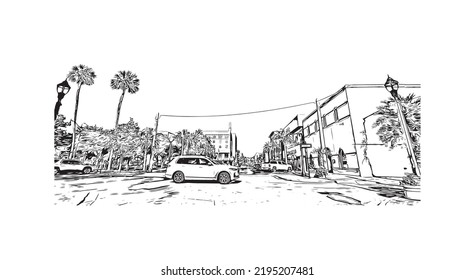 Building view with landmark of Ocala is a city in central Florida. Hand drawn sketch illustration in vector.