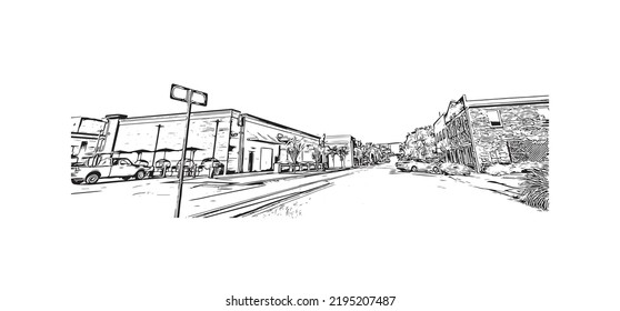 Building view with landmark of Ocala is a city in central Florida. Hand drawn sketch illustration in vector.