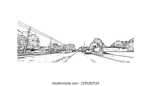 Building view with landmark of Ocala is a city in central Florida. Hand drawn sketch illustration in vector.