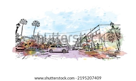 Building view with landmark of Ocala is a city in central Florida. Watercolor splash with hand drawn sketch illustration in vector.