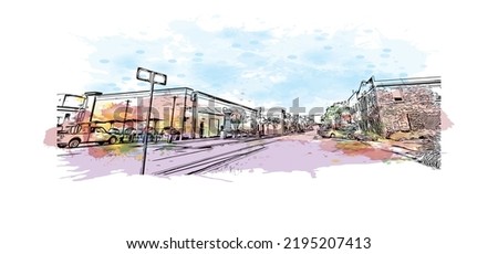 Building view with landmark of Ocala is a city in central Florida. Watercolor splash with hand drawn sketch illustration in vector.