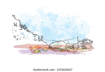 Building view with landmark of Ocean Grove is the 
town in Australia. Watercolor splash with hand drawn sketch illustration in vector.