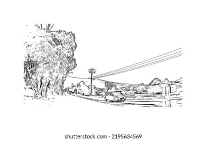 Building view with landmark of Ocean Grove is the 
town in Australia. Hand drawn sketch illustration in vector.