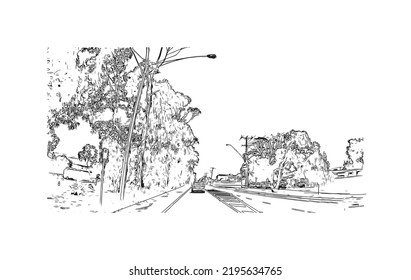 Building view with landmark of Ocean Grove is the 
town in Australia. Hand drawn sketch illustration in vector.