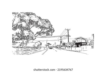 Building view with landmark of Ocean Grove is the 
town in Australia. Hand drawn sketch illustration in vector.