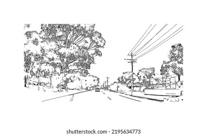 Building view with landmark of Ocean Grove is the 
town in Australia. Hand drawn sketch illustration in vector.