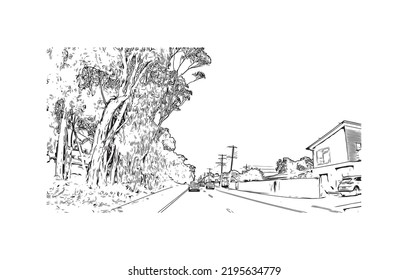 Building view with landmark of Ocean Grove is the 
town in Australia. Hand drawn sketch illustration in vector.