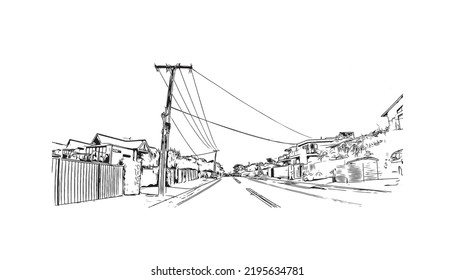 Building view with landmark of Ocean Grove is the 
town in Australia. Hand drawn sketch illustration in vector.