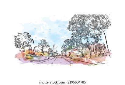 Building view with landmark of Ocean Grove is the 
town in Australia. Watercolor splash with hand drawn sketch illustration in vector.