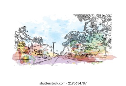 Building view with landmark of Ocean Grove is the 
town in Australia. Watercolor splash with hand drawn sketch illustration in vector.