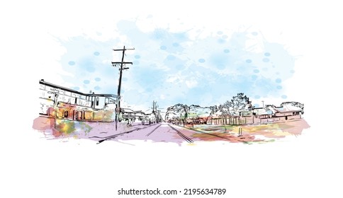 Building view with landmark of Ocean Grove is the 
town in Australia. Watercolor splash with hand drawn sketch illustration in vector.