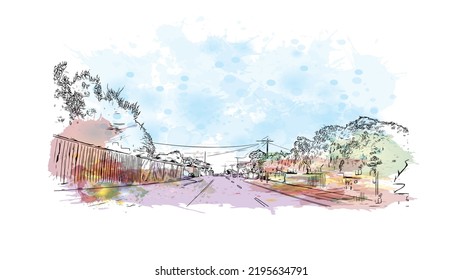 Building view with landmark of Ocean Grove is the 
town in Australia. Watercolor splash with hand drawn sketch illustration in vector.