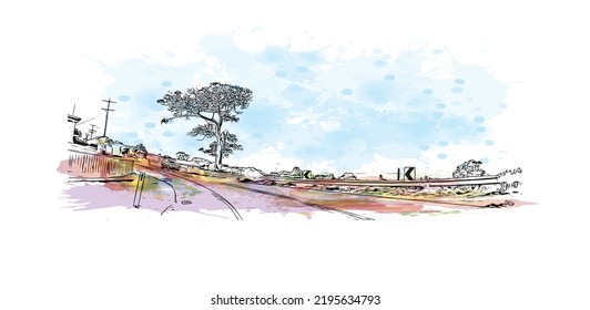 Building view with landmark of Ocean Grove is the 
town in Australia. Watercolor splash with hand drawn sketch illustration in vector.