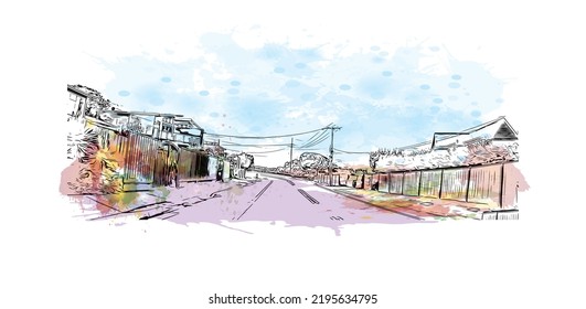 Building view with landmark of Ocean Grove is the 
town in Australia. Watercolor splash with hand drawn sketch illustration in vector.