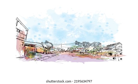 Building view with landmark of Ocean Grove is the 
town in Australia. Watercolor splash with hand drawn sketch illustration in vector.