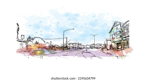 Building view with landmark of Ocean Grove is the 
town in Australia. Watercolor splash with hand drawn sketch illustration in vector.