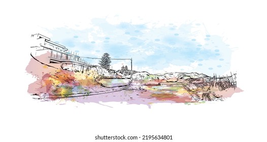 Building view with landmark of Ocean Grove is the 
town in Australia. Watercolor splash with hand drawn sketch illustration in vector.