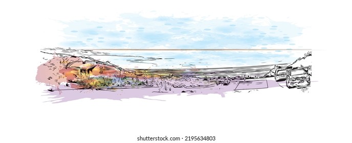 Building view with landmark of Ocean Grove is the 
town in Australia. Watercolor splash with hand drawn sketch illustration in vector.