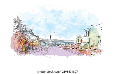 Building view with landmark of Ocean Grove is the 
town in Australia. Watercolor splash with hand drawn sketch illustration in vector.