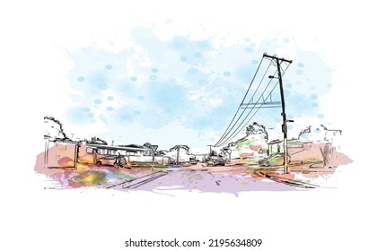 Building view with landmark of Ocean Grove is the 
town in Australia. Watercolor splash with hand drawn sketch illustration in vector.