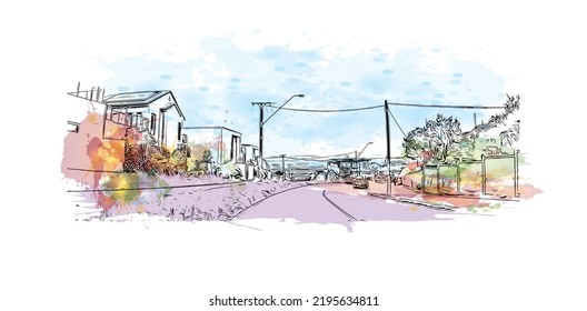 Building view with landmark of Ocean Grove is the 
town in Australia. Watercolor splash with hand drawn sketch illustration in vector.