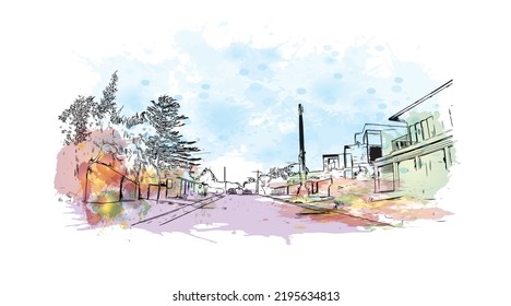 Building view with landmark of Ocean Grove is the 
town in Australia. Watercolor splash with hand drawn sketch illustration in vector.