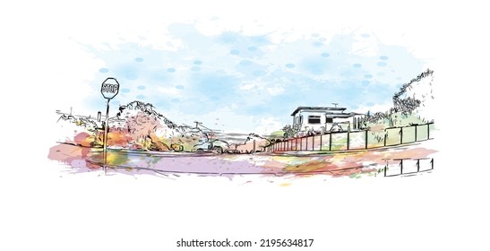 Building view with landmark of Ocean Grove is the 
town in Australia. Watercolor splash with hand drawn sketch illustration in vector.