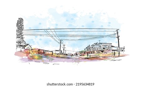 Building view with landmark of Ocean Grove is the 
town in Australia. Watercolor splash with hand drawn sketch illustration in vector.