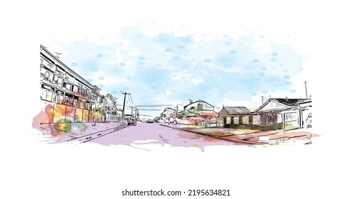 Building view with landmark of Ocean Grove is the 
town in Australia. Watercolor splash with hand drawn sketch illustration in vector.