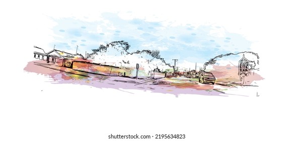 Building view with landmark of Ocean Grove is the 
town in Australia. Watercolor splash with hand drawn sketch illustration in vector.