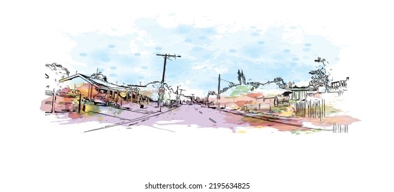 Building view with landmark of Ocean Grove is the 
town in Australia. Watercolor splash with hand drawn sketch illustration in vector.