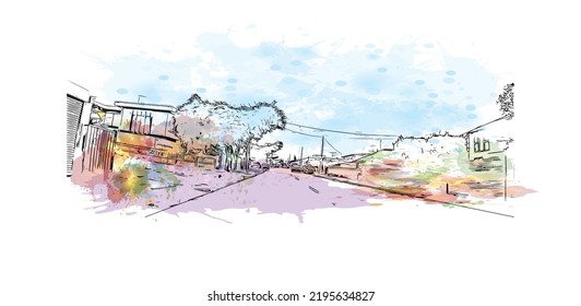 Building view with landmark of Ocean Grove is the 
town in Australia. Watercolor splash with hand drawn sketch illustration in vector.