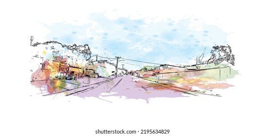 Building view with landmark of Ocean Grove is the 
town in Australia. Watercolor splash with hand drawn sketch illustration in vector.