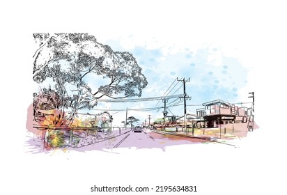 Building view with landmark of Ocean Grove is the 
town in Australia. Watercolor splash with hand drawn sketch illustration in vector.