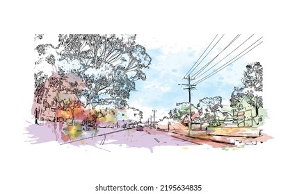 Building view with landmark of Ocean Grove is the 
town in Australia. Watercolor splash with hand drawn sketch illustration in vector.