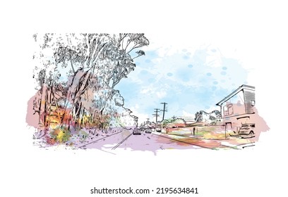 Building view with landmark of Ocean Grove is the 
town in Australia. Watercolor splash with hand drawn sketch illustration in vector.