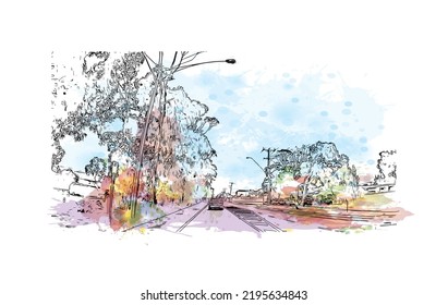 Building view with landmark of Ocean Grove is the 
town in Australia. Watercolor splash with hand drawn sketch illustration in vector.