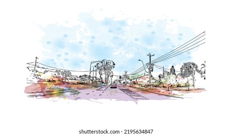 Building view with landmark of Ocean Grove is the 
town in Australia. Watercolor splash with hand drawn sketch illustration in vector.