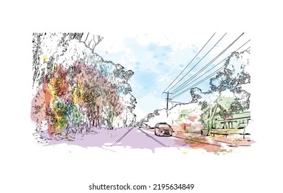 Building view with landmark of Ocean Grove is the 
town in Australia. Watercolor splash with hand drawn sketch illustration in vector.