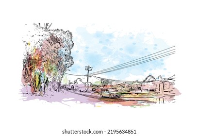 Building view with landmark of Ocean Grove is the 
town in Australia. Watercolor splash with hand drawn sketch illustration in vector.