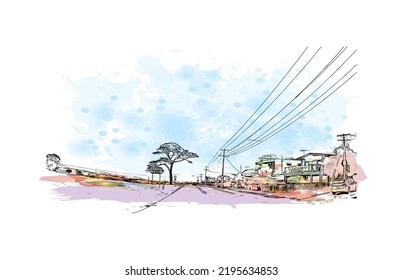 Building view with landmark of Ocean Grove is the 
town in Australia. Watercolor splash with hand drawn sketch illustration in vector.