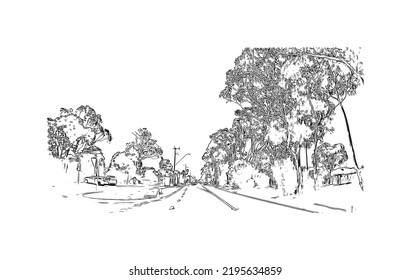 Building view with landmark of Ocean Grove is the 
town in Australia. Hand drawn sketch illustration in vector.