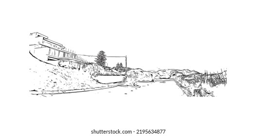 Building view with landmark of Ocean Grove is the 
town in Australia. Hand drawn sketch illustration in vector.