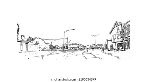 Building view with landmark of Ocean Grove is the 
town in Australia. Hand drawn sketch illustration in vector.