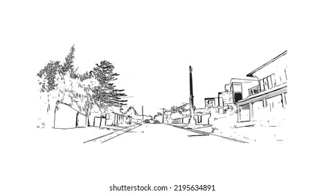 Building view with landmark of Ocean Grove is the 
town in Australia. Hand drawn sketch illustration in vector.