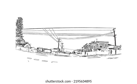 Building view with landmark of Ocean Grove is the 
town in Australia. Hand drawn sketch illustration in vector.